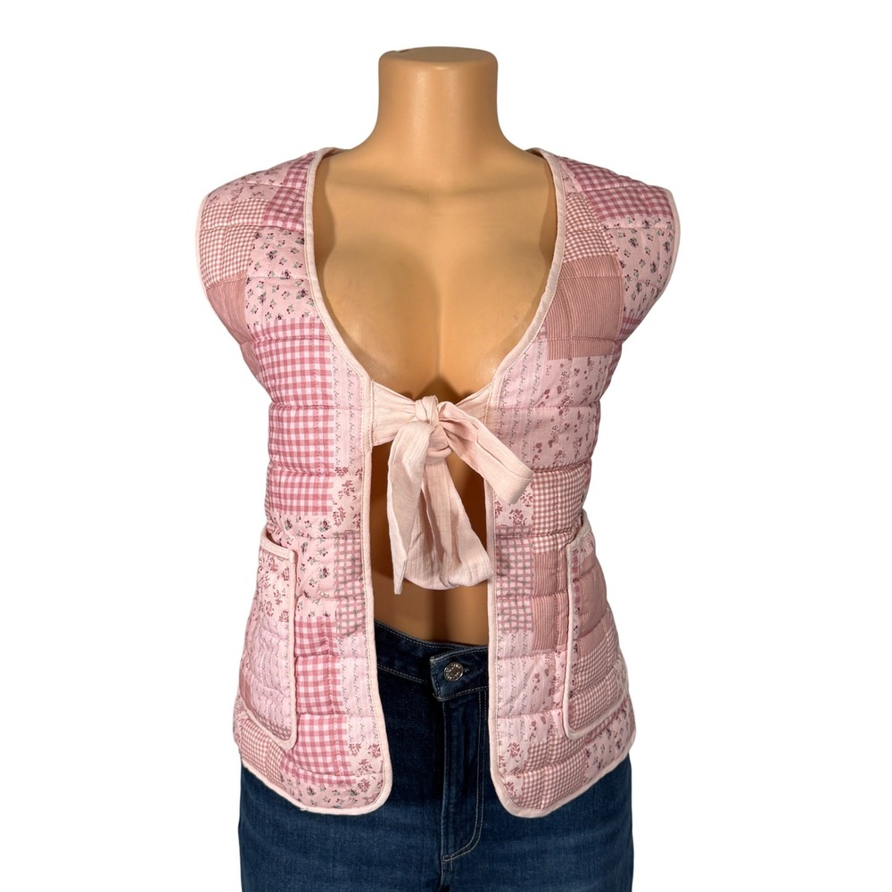 Stoosh Quilted Vest Women XL Pink‎ Excellent Patchwork Gingham Floral Tie Front